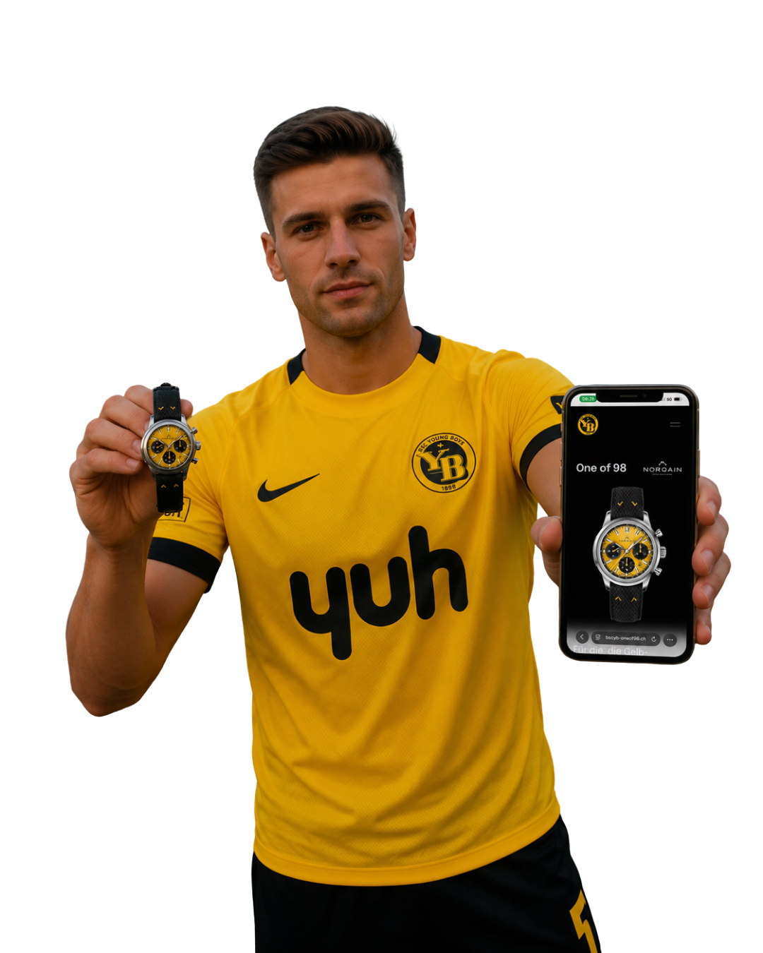BSC YB One of 98 — Fan mit Uhr und Handy zeigt die Website